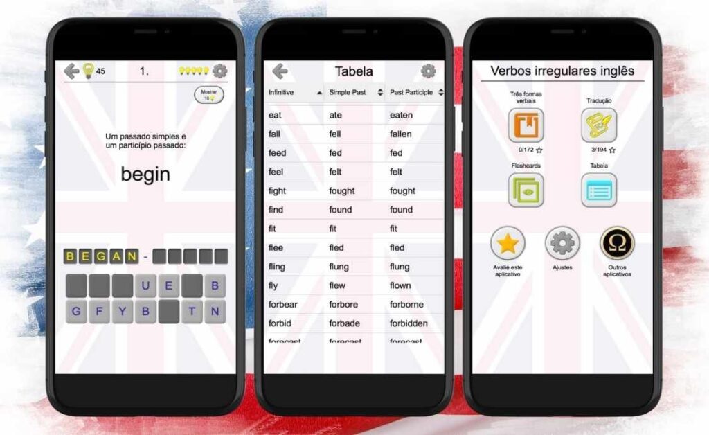 Aplicativo gratuito para estudar os verbos irregulares do Inglês 3 Verbos irregulares do Inglês