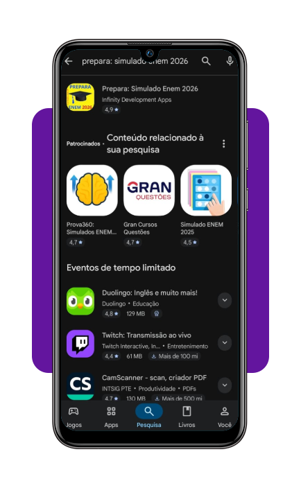 Tela de instalação do aplicativo Prepara: Simulado Enem 2026 na Google Play Store