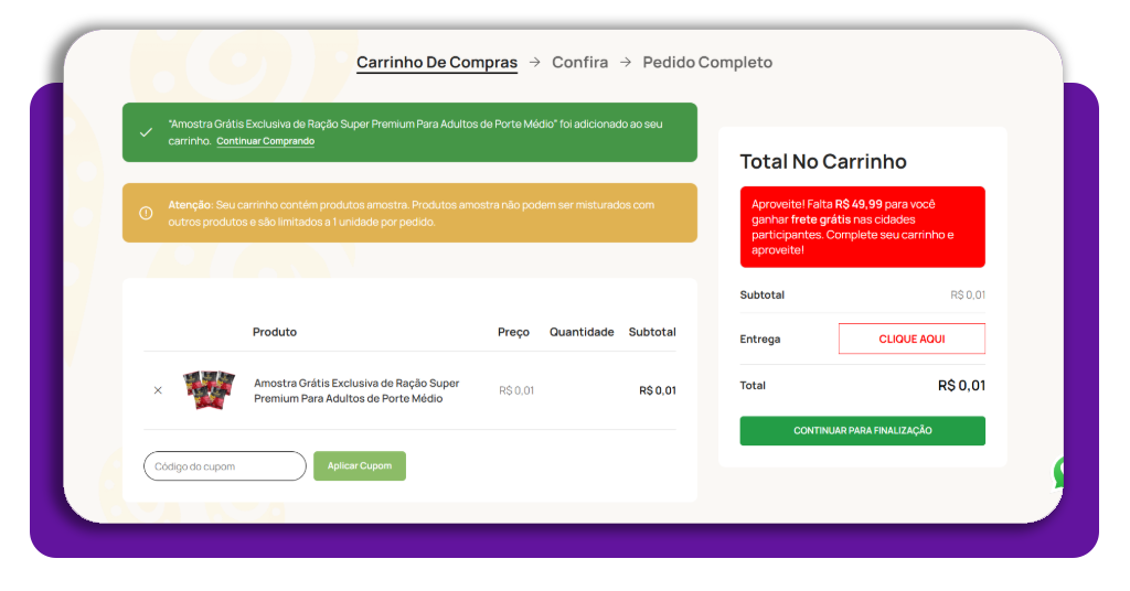 Passo 3 para conseguir amostra de ração grátis