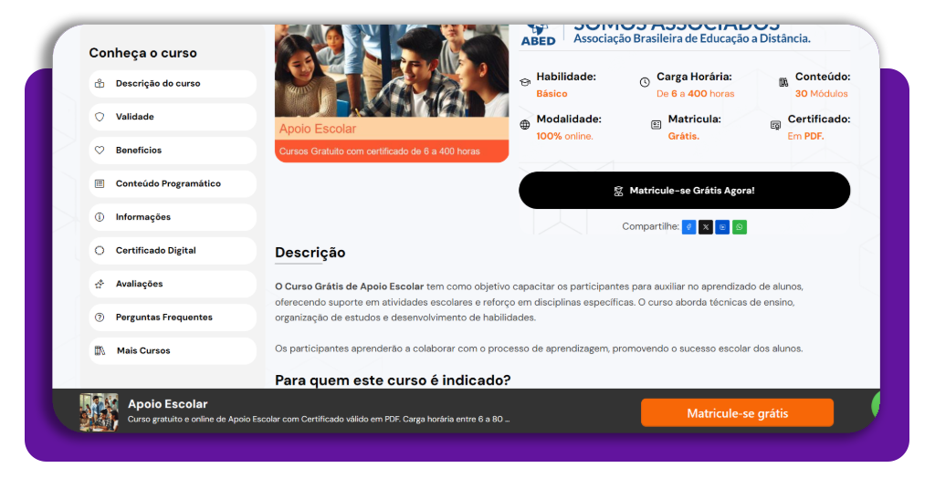 Curso de auxiliar de apoio escolar — estude grátis pelo celular 1 Tela de acesso ao curso de auxiliar de apoio escolar na plataforma Anglo Cursos
