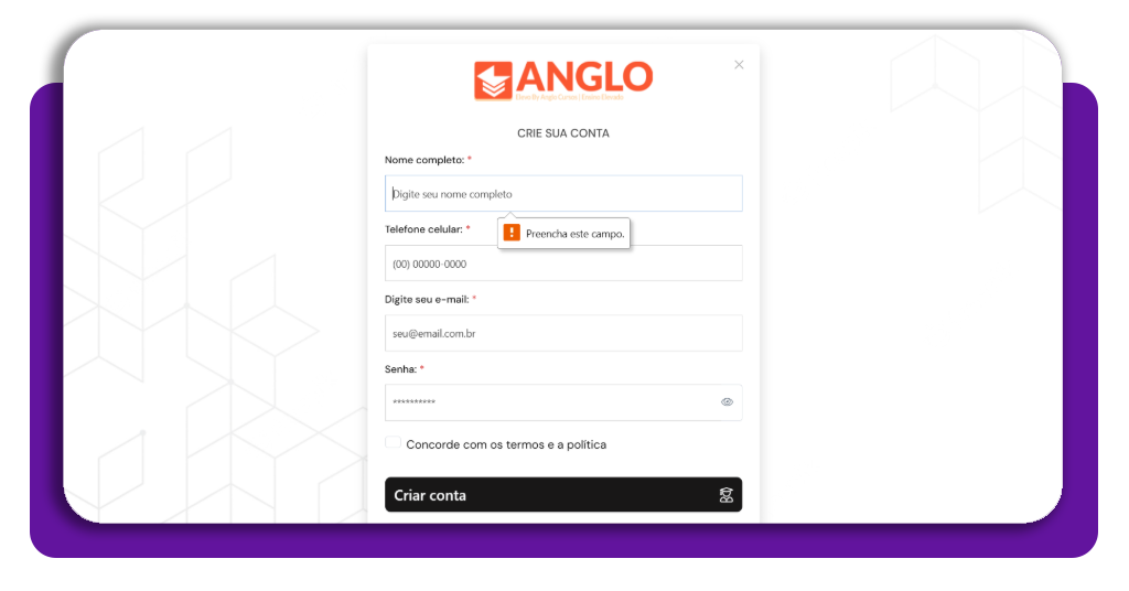 Curso de auxiliar de apoio escolar — estude grátis pelo celular 2 Formulário de cadastro na plataforma Anglo Cursos para o curso de apoio escolar