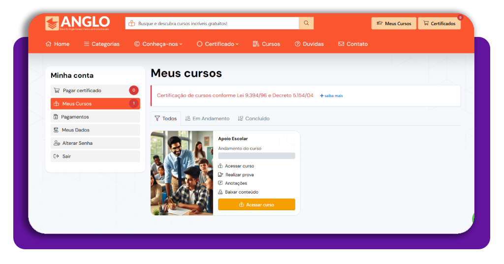 Curso de auxiliar de apoio escolar — estude grátis pelo celular 3 Tela de acesso ao primeiro módulo do curso de auxiliar de apoio escolar