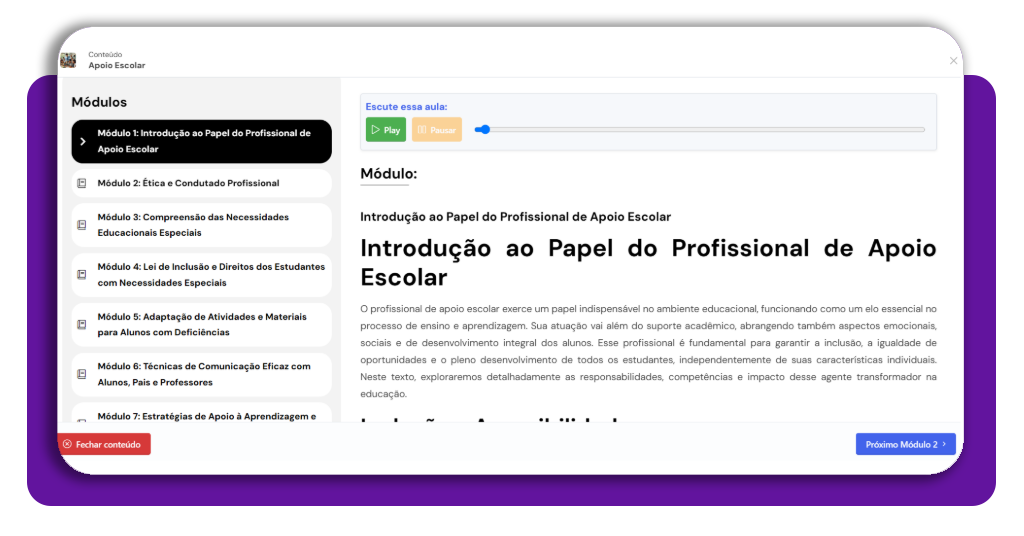 Curso de auxiliar de apoio escolar — estude grátis pelo celular 4 Módulo de aula do curso de auxiliar de apoio escolar na Anglo Cursos