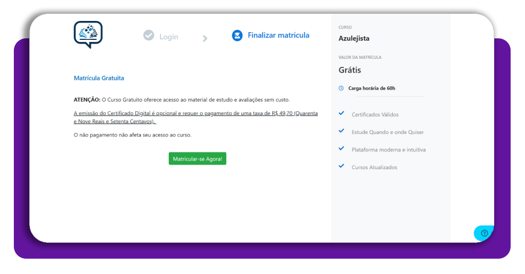 Curso online de assentador de azulejo 100% grátis: faça a matrícula 3 Confirmação de matrícula gratuita no curso de assentador de azulejo