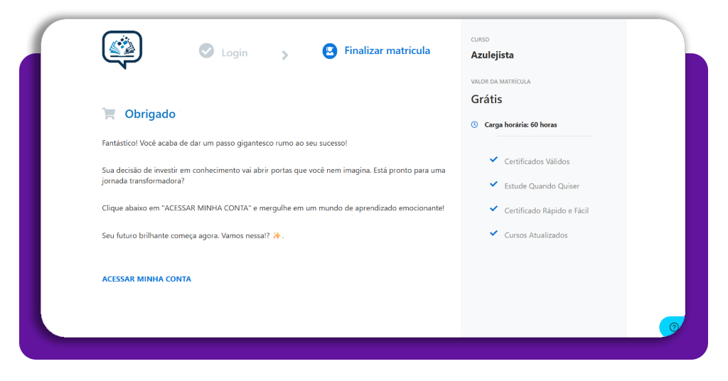 Curso online de assentador de azulejo 100% grátis: faça a matrícula 4 Tela de acesso à conta no GINEAD após matrícula no curso