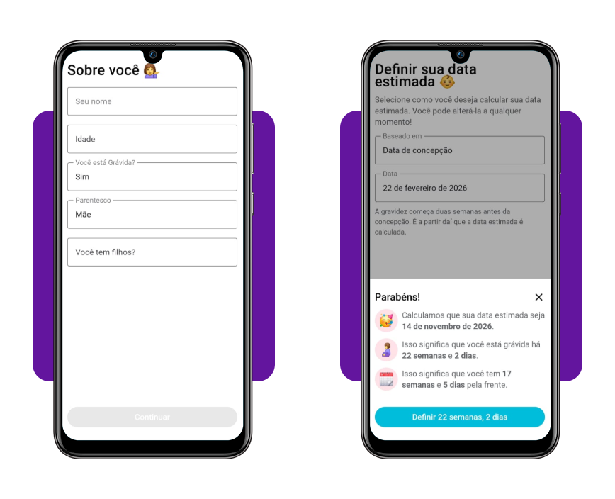 App de pré-natal grátis: acompanhe sua gestação pelo celular 3 Tela de cadastro de informações no aplicativo Gravidez+