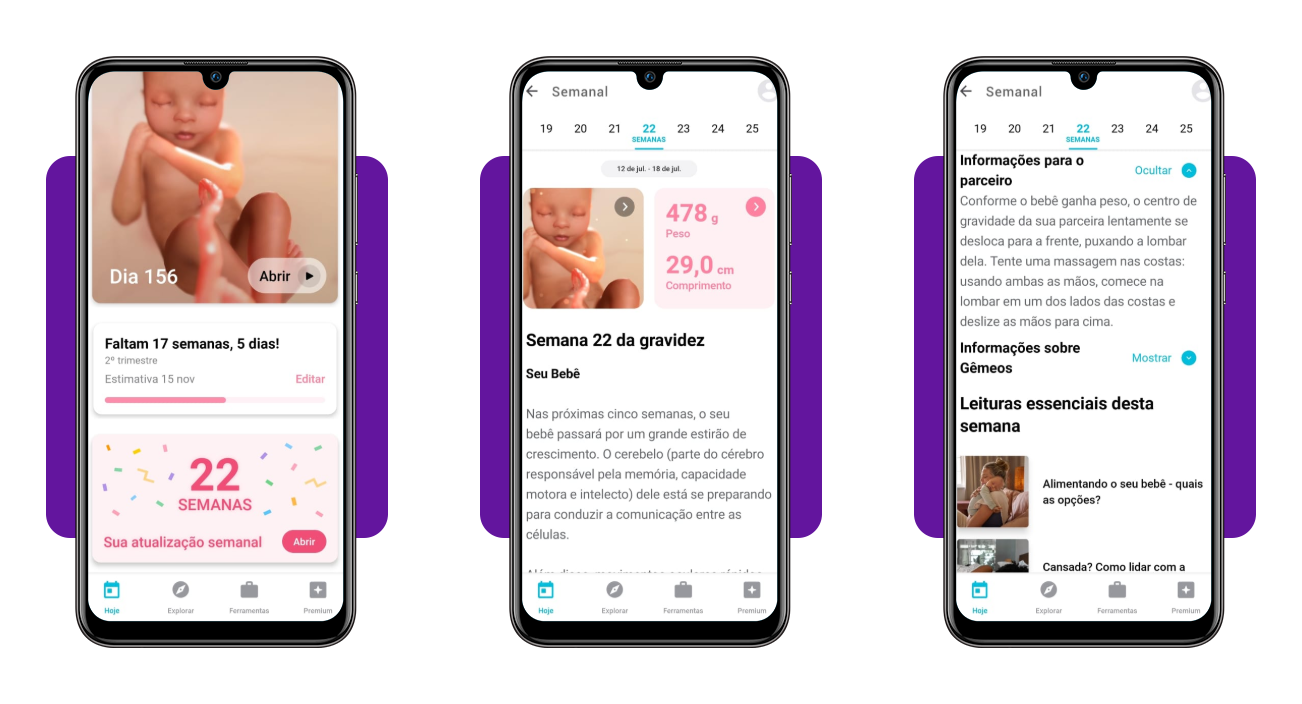 App de pré-natal grátis: acompanhe sua gestação pelo celular 4 Tela de atualização semanal do aplicativo Gravidez+ mostrando desenvolvimento do bebê